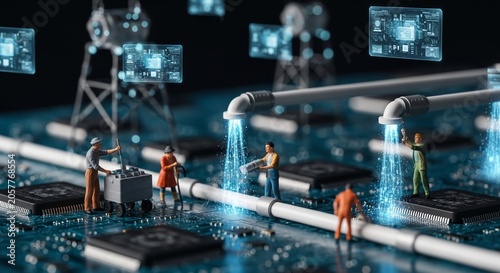 Miniature workers performing digital repairs on a glowing circuit board with holographic data streams