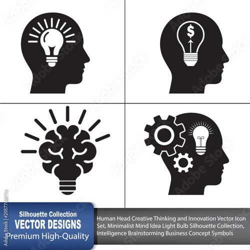 Human Head Creative Thinking and Innovation Vector Icon Set, Minimalist Mind Idea Light Bulb Silhouette Collection, Intelligence Brainstorming Business Concept Symbols