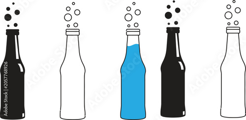 Vászonkép Five stylized bottle illustrations depicting carbonation in black white and blue