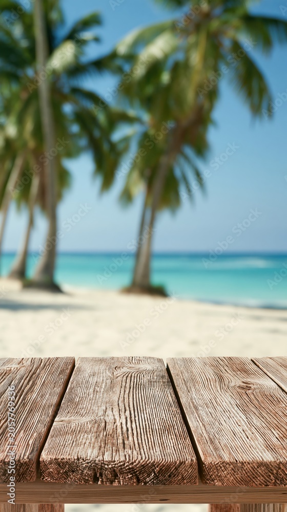 Fototapeta premium Empty Wooden Table on Blurred Tropical Beach Background With a serene ocean backdrop