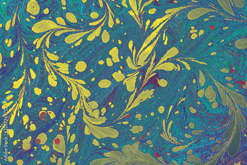 Vibrant psychedelic floral Ebru marbling art background with swirling liquid paint textures