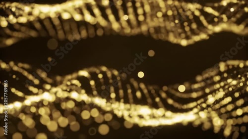Thousands of luminous golden shimmering particles with ethereal glow drift in a deep, dark, abstract void, coalescing and dispersing in seamless organic motion, a slow cinematic push-in video with