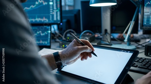 Hand with stylus on blank digital tablet representing business strategy and data analysis with copy space in a modern financial office.