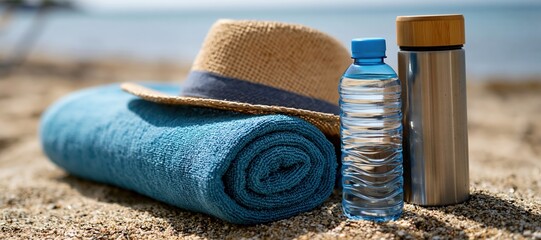 Beach essentials with straw hat, towel, water bottle and thermos on sand by the ocean