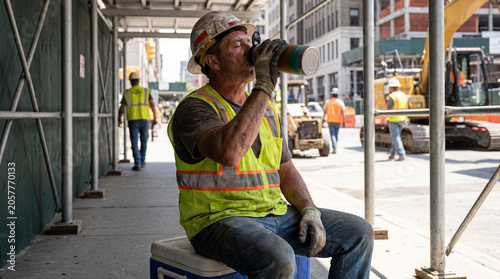 Construction worker taking a hydration break from hard labor, drinking water on a hot summer day at urban building site