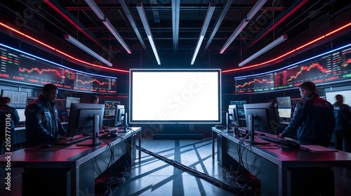 Wide Shot of Blank Screen in Modern Command Center for Data Analysis with Copy Space
