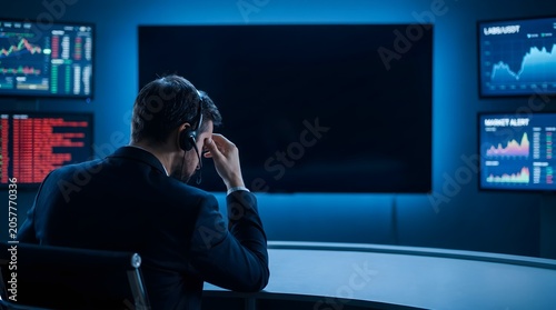 Rear View of Trader Facing Large Blank Monitor Representing Data Analysis with Copy Space in Command Center