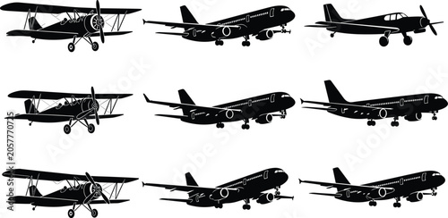 Photos Airplane silhouette collection, black vector illustration of biplanes, jet airli