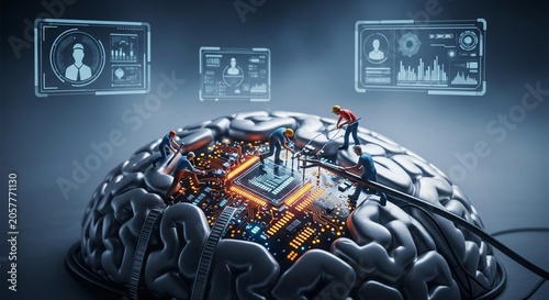 Miniature workers constructing a futuristic microchip on a digital brain, symbolizing AI development and technological innovation.