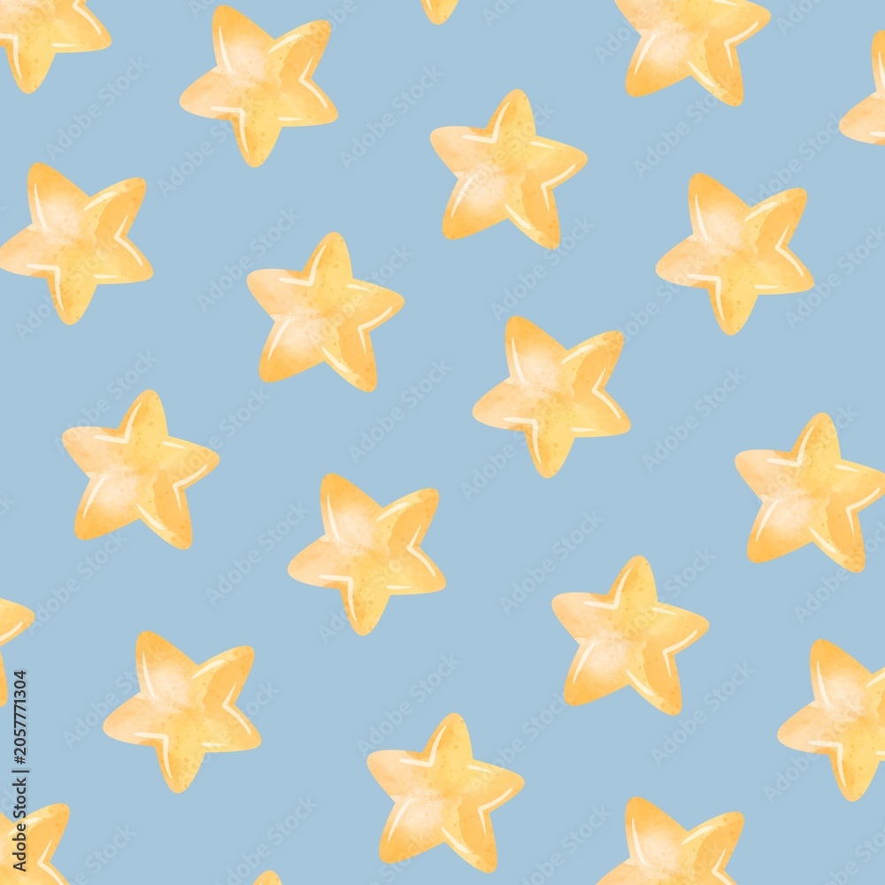 Obraz premium Tropical starfruit slices seamless pattern illustration with yellow fruit on a light blue backdrop for wallpaper