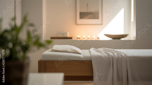 A serene spa room with a massage table, white sheets, and a plant in the background, creating a peaceful ambiance for relaxation and therapy treatments