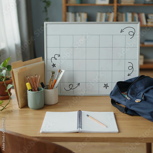 Whiteboard calendar sits on a wooden desk alongside a notebook, pens, and a blue backpack in a home study environment.