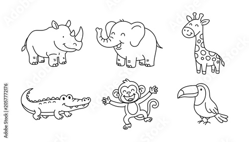 Canvas Print Cute safari animals line art vector set with rhino elephant giraffe crocodile mo