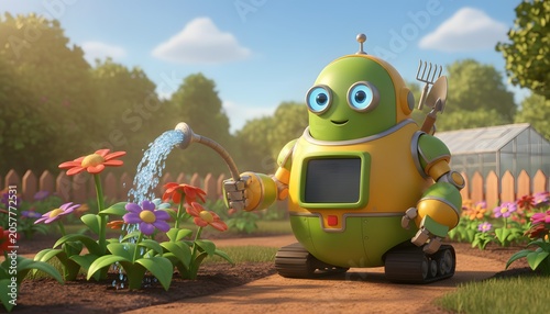 A charming green and orange robot with blue eyes uses a watering can to tend to vibrant colorful flowers in a sunlit garden with a greenhouse