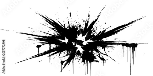 Photos An explosion of black ink splatters outward from a central point, creating a dynamic, abstract representation of chaos and energy