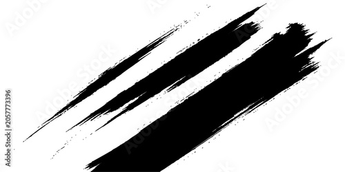 Foto Bold black brush strokes slash diagonally across a clean white background, creating a dynamic and abstract graphic element