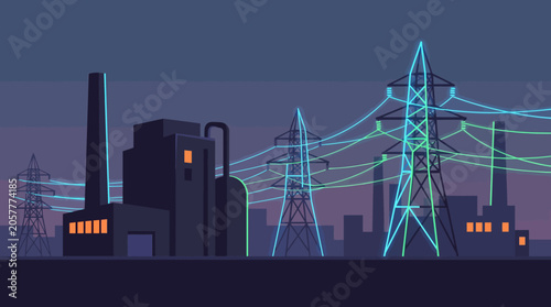 Electric power transmission towers at dusk.