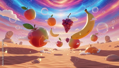 Surreal desert landscape with floating fruits bubbles and glowing creatures under a vibrant colorful sky