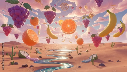 A surreal desert landscape features giant floating fruits melting clocks and a whimsical pastel sky