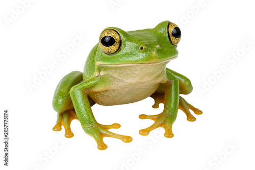 Photography Vibrant green tree frog with striking yellow eyes sits patiently on a plain back