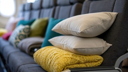 Airplane seat row with neatly arranged pillows and blankets for passenger comfort
