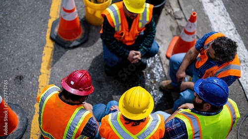 Road workers taking scheduled shade break on sunlit pavement