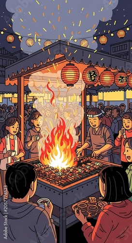 Traditional Japanese festival lanterns and crowd at night.