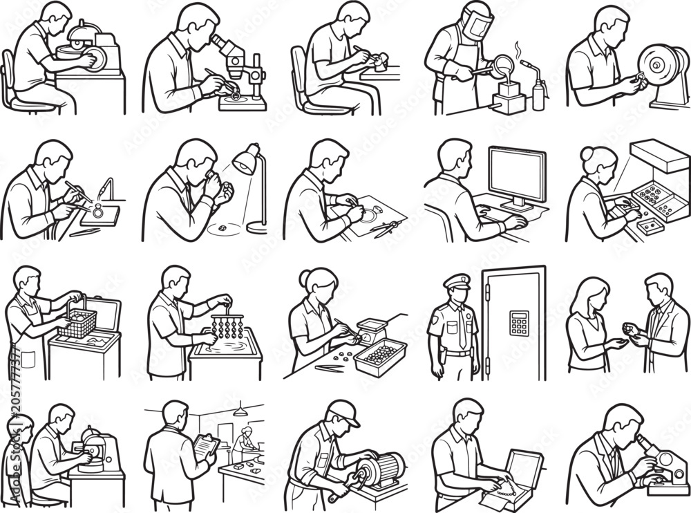 Obraz premium A compilation of line art illustrations depicting various industrial and technical processes, showcasing meticulous work and manufacturing activities.