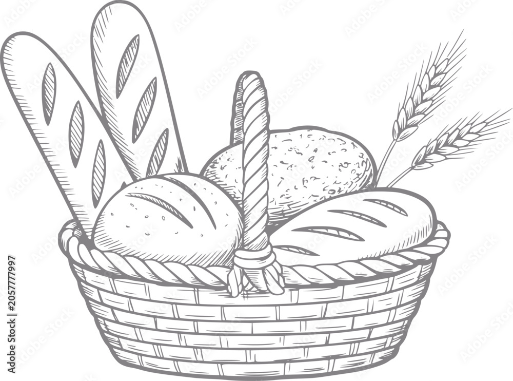 Obraz premium Hand-drawn of a woven basket filled with various baked bread and wheat stalks