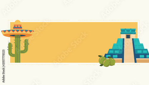 Mexican horizontal banner template with copy space featuring a green cactus wearing a sombrero and Mayan pyramid.