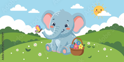 Cute Elephant Cartoon Character in Spring Meadow Vector
