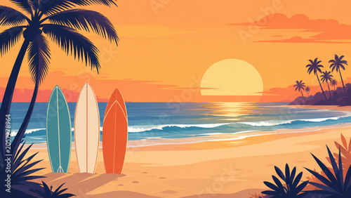 Summer sunset beach flat vector illustration with surfboards and palms