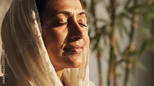 Woman Wearing Headscarf Smiling Outdoors.