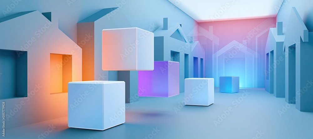 Fototapeta premium Blank boxes floating in futuristic digital corridor with abstract home outlines