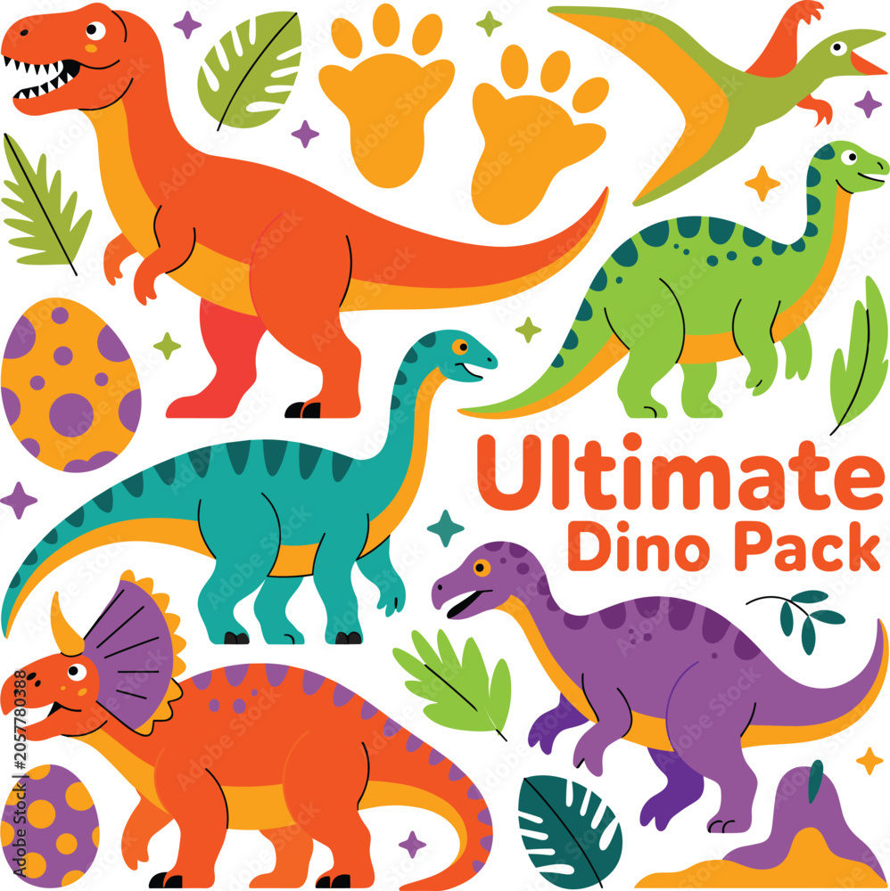 Obraz premium Ultimate Dino Pack Cartoon Dinosaur Collection with Prehistoric Characters Eggs Footprints and Nature Elements