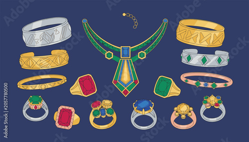 Luxury jewelry collection featuring elegant gold and silver rings bracelets and a majestic emerald necklace.