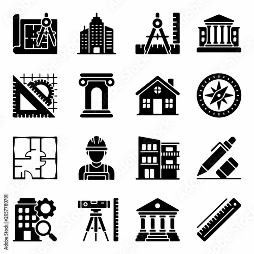 16 Architecture and Civil Engineering Solid Icons Set