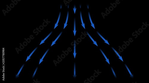 Blue wind direction arrow spreading downwards animation. alpha channel