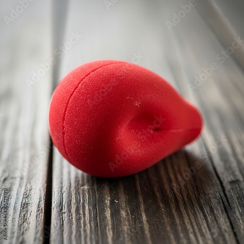 Close up of a ripe red apple on a wooden surface.