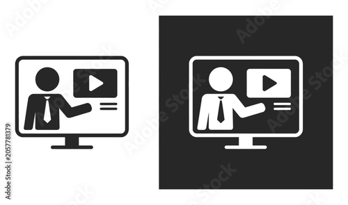 Tableau sur toile laptop screen vector icon showing presenter and video player, online learning and webinar concept, e-learning and virtual training symbol, clean modern UI illustration