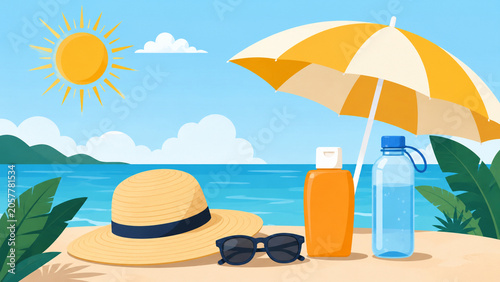 Summer sun protection flat vector illustration with sunscreen and hat