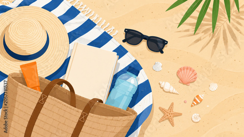 Summer beach bag flat lay vector illustration with vacation essentials