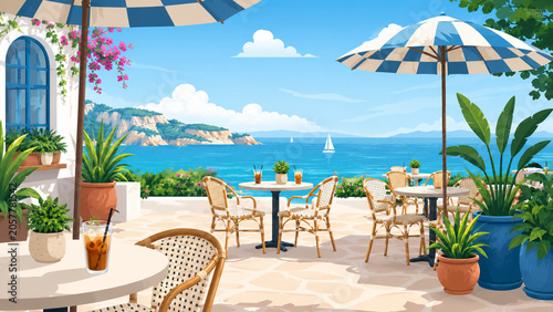 Summer coastal cafe terrace flat vector illustration with sea view