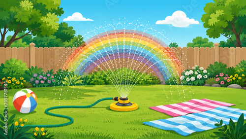 Backyard summer sprinkler flat vector illustration with water arcs