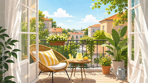 Summer home balcony flat vector illustration with plants and lemonade