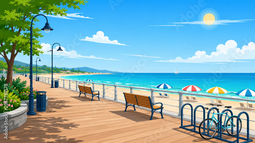 Summer seaside boardwalk flat vector illustration with ocean and benches