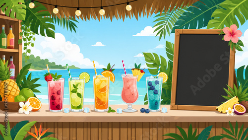 Tropical summer mocktail bar flat vector illustration with fruit drinks
