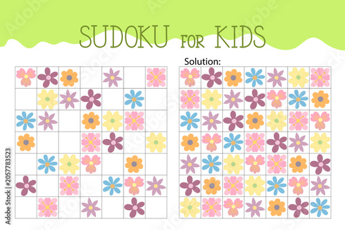 Colorful flowers sudoku educational game or leisure activity worksheet illustration, printable grid to fill in missing images, spring seasonal vocabulary, puzzle with solution, teacher resources