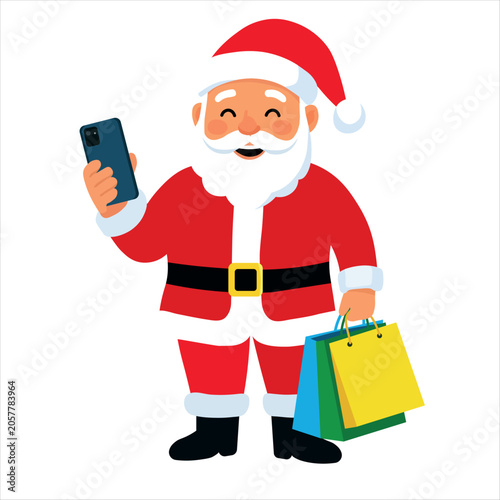Santa Claus with smartphone and shopping bags