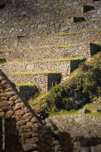 Terraces at Machu Picchu, pattern, rocks and shadows, detailed